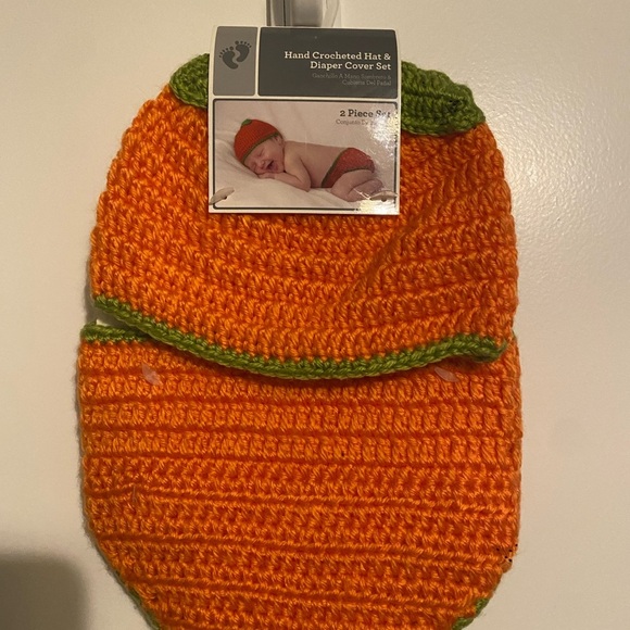 Hand Crocheted Pumpkin Hat & Diaper Cover Set - Picture 4 of 4